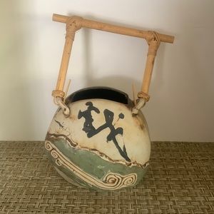 Vintage Tenmoku Pottery Vase Bamboo Handle Malaysia handcrafted